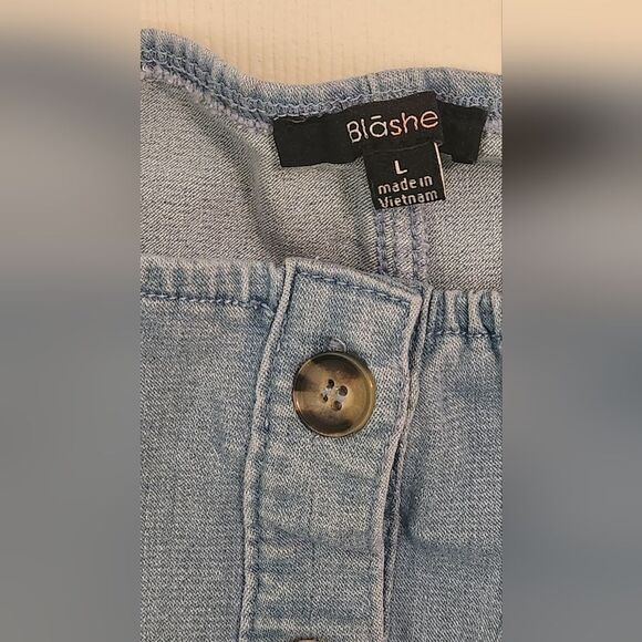 Blushe L  Boho OffShoulder Puff Sleeve Button Front Bodycon MiniDress LightDenim - Picture 6 of 11